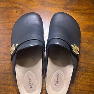Dr. Scholl's Black Slip-On Clog Mules with Gold Buckle